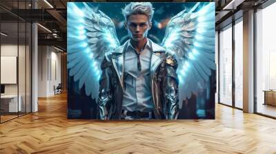 Closeup portrait of a beautiful angel man with wings wearing a futuristic suit, green and blue colors, full body shot Wall mural