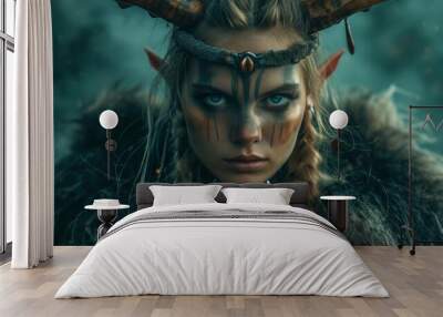 Elf shaman woman. fantasy background and fantasy ambient. mix of elf and viking breed animal clothes and horns in head, face shot Wall mural