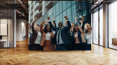 Excited diverse business team employees screaming celebrating good news with their fists up in the air. Wall mural