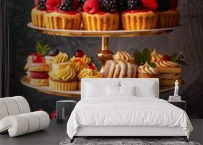 Gold three-tier tray filled with assorted and different cake, beige background Wall mural