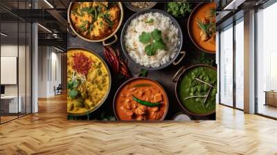 Top view of assorted indian curry and rice dishes ai generative Wall mural