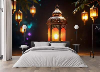 Islamic Background for Eid Mubarak Lantern Mosque Golden Crescent 3d clouds AI generated  Wall mural