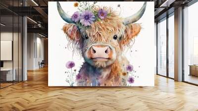 Wrendale Highland cow water colour Wall mural