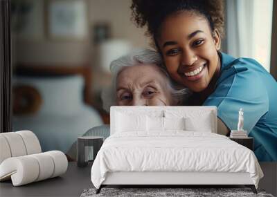 A home health care worker assists an elderly woman in her home	
 Wall mural