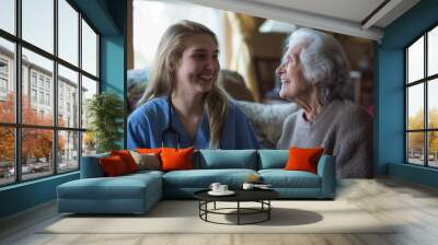 A home health care worker assists an elderly woman in her home	
 Wall mural