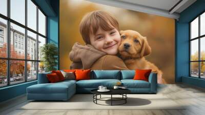 a young boy hugs his beloved dog Wall mural