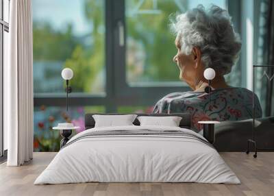 Elderly woman in a retirement / care home / patient in a hospital sitting by a window Wall mural