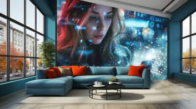 Young woman using futuristic mobile technology powered by AI  Wall mural