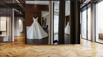 White wedding dress on the wooden wall hanging Wall mural