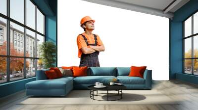 Young happy man builder construction worker with hands in different position on white background Wall mural