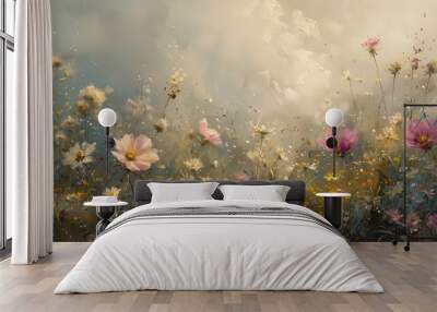 A classic oil painting of wildflowers in a misty morning field Wall mural