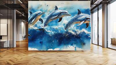 A playful dolphin leaps through the crystal-clear waters of the Great Barrier Reef, surrounded by vibrant coral and schools of tropical fish Wall mural