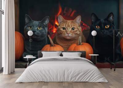 Cats lounging by a Thanksgiving hearth, surrounded by pumpkins Wall mural