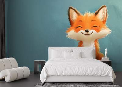 Cute red fox cartoon with white fur , smiling against a nature background Wall mural