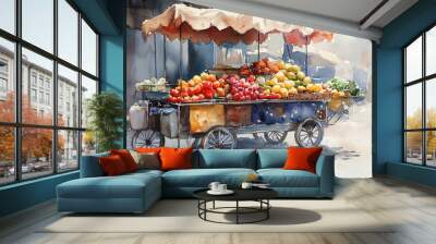 Watercolor painting of street food carts, vibrant spices and fresh ingredients Wall mural