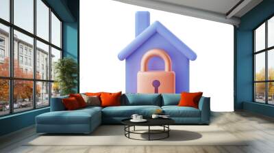 3D Home security icon, house with lock symbol isolated on transparent or white background Wall mural