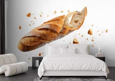 Baguette bread with falling crumbs isolated on transparent or white background, png Wall mural