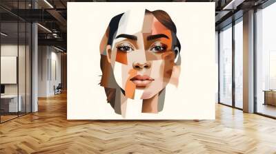 Contemporary art collage. Modern design. Female face made from different face parts of women of various races. Concept of beauty standards, multi ethnicity, friendship, diversity, human rights Wall mural