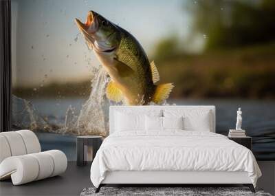 Fishing trophy - big freshwater perch in water on green background. Wall mural