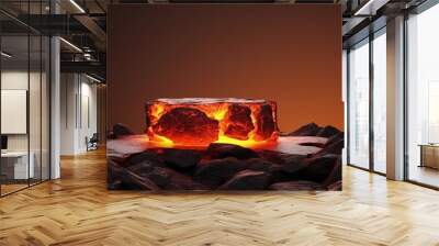 Podium lava rocks smelt on volcano with magma and lava erupt. stage for product display, blank showcase, mock up template presentation Wall mural