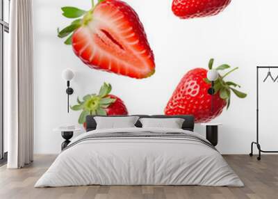 Strawberries. Falling strawberry fruits whole and cut isolated on white or transparent background, png Wall mural