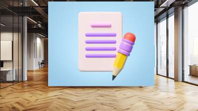 3D blank white sheet and pencil floating on blue background. Copywriting, notepad, clipboard, writing on document, note taking, project plan concept. Cartoon icon minimal style. 3d render illustration Wall mural