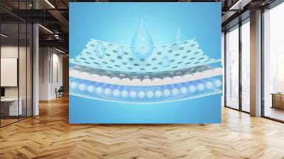 3D Blue water drop fall onto absorbent pad. Close up of moisture absorbing fiber sheets with 5 sections. Odor materials for baby, adult diapers, sanitary pad, absorbing cloth advertising. 3d render. Wall mural