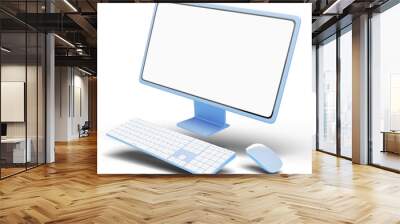 3d Computer monitor, wireless mouse, keyboard float on blue background. Social media marketing online, e commerce, Website digital store, shop app concept. Desktop mockup blank white screen. 3d render Wall mural