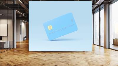 Credit card mockup floating isolated on blue background. Mobile banking and Online payment service. Digital marketing, E commerce. Quick and easy shopping and retail concept. Withdraw money. 3d render Wall mural