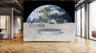 Empty silver cylinder podium on moon surface with earth. Realistic over earth with night lights from space. Pedestal mockup space for modern and technology. Digital future product design. 3d render Wall mural