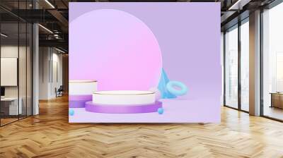 Empty white cylinder podium with gold border, ball, cone, cube on glass circle purple background. Abstract minimal studio 3d geometric shape. Mockup space for display of product design. 3d render. Wall mural