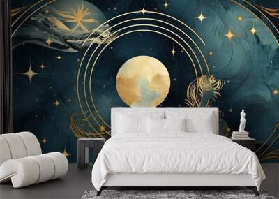 abstract cosmic background with gold metallic foil and marbled textures inlay. Sacred geometry with celestial motif, stars and planets. Moon phases, Generative AI Wall mural