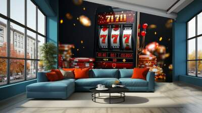 Banner of mobile online casino application with 777 big win slot machine. Poster with online mobile app casino and Jackpot 777, Generative AI Wall mural