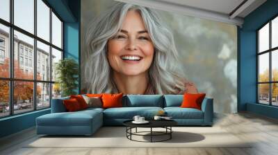 Beautiful gorgeous 50s mid age beautiful elderly senior model woman with grey hair laughing and smiling. Mature old lady close up portrait. Healthy face skin care beauty, skincare, Generative AI Wall mural