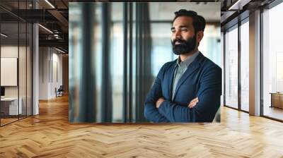 Confident bearded Indian business man leader looking away standing in office hallway. Professional businessman manager executive or male employee, investor entrepreneur thinking of future,GenerativeAI Wall mural