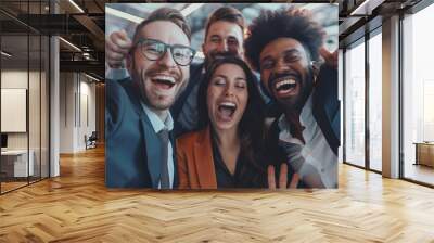 Happy diverse success business team celebrating success and having fun all together, Generative AI Wall mural