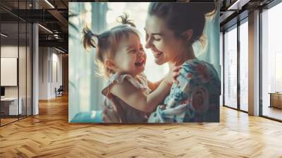 Happy mother playing, having fun, hugging with her daughter at home, Generative AI Wall mural