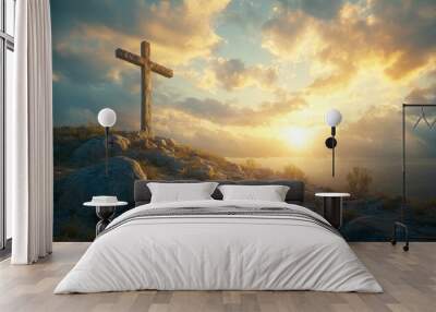 holy cross symbolizing the death and resurrection of Jesus Christ with The sky over Golgotha Hill is shrouded in light and clouds, Generative AI Wall mural