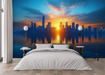 Picture of modern skyscrapers of a smart city, futuristic financial district with buildings and reflections , blue color background for corporate and business template with warm sun rays, Generative A Wall mural