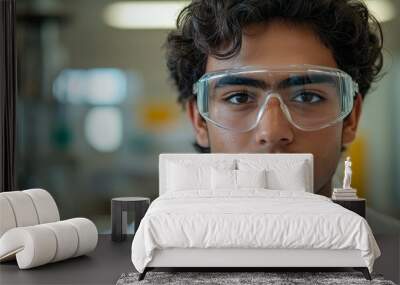 The close up picture of the young hispanic scientist student looking at the camera while wearing the lab coat and safety goggles in the laboratory and, Generative AI Wall mural