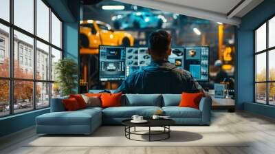  a male chief automotive engineer sitting in front of a computer monitoring control car factory work desk  Wall mural