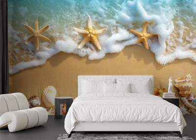  Beach Vacation Memories with Starfish and Seashells on Sandy Shore Wall mural