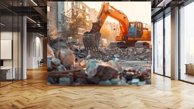  Industrial excavator amidst rubble at a construction site Wall mural