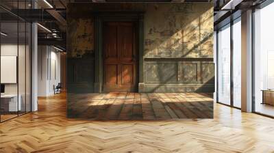  The scene captures an unfurnished room featuring only a door and a solid wooden floor  Wall mural