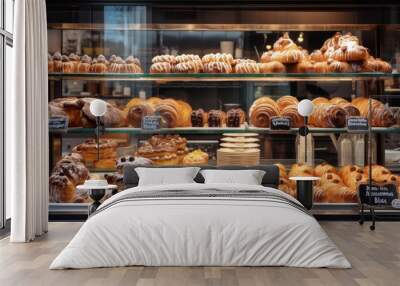 A bakery display case with a variety of pastries and breads. Scene is inviting and delicious Wall mural