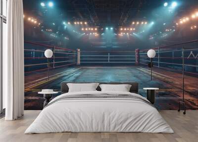 A boxing ring with a blue mat and red and white ropes Wall mural