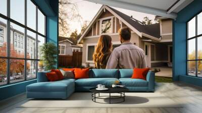 A couple standing in front of a house, looking at it Wall mural