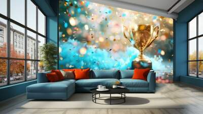 A gold cup is on a table with a lot of colorful confetti. The cup is the winner of an award, and the confetti represents the celebration and excitement of the victory Wall mural