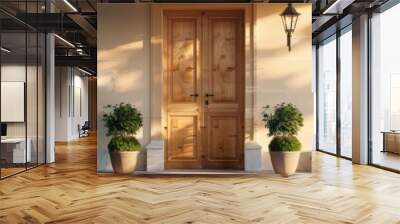 A large black door with two lights on top of it. The door is made of wood and has a black trim. There are two potted plants on either side of the door, one on the left and one on the right Wall mural