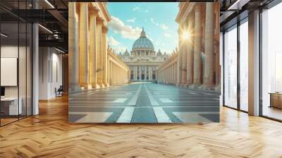 A large building with a dome on top and a large square in front of it. The square is filled with people and cars Wall mural